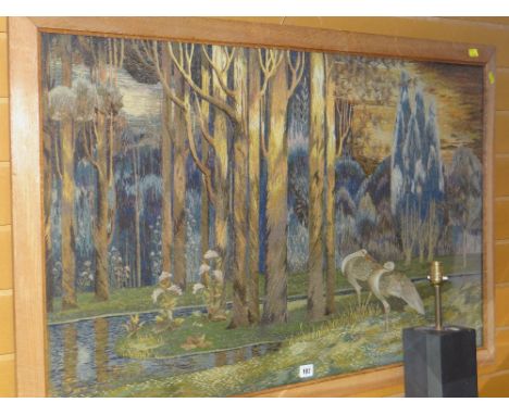 A LARGE VINTAGE WOOLWORK PANEL of storks in a woodland, 72 x 113cms (including oak frame)
