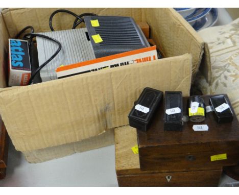 SIX SMALL TREEN BOXES together with a vintage Paximat electric slide projector