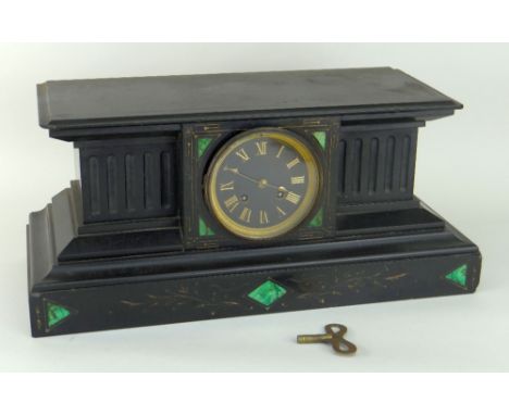 VICTORIAN BLACK SLATE MANTEL CLOCK with inlaid malachite decoration and circular dial of architectural form, 42cms wide