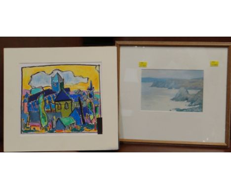 PETER ROSSITER mixed media - colourful view of Carmarthen, signed, 23 x 26cms (mounted not framed), together with a Gareth Th