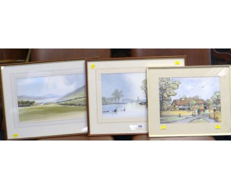 R WITCHARD watercolours, a pair - landscapes, signed, 24 x 38cms, together with another watercolour of a village, initialled 