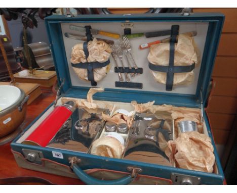 VINTAGE 'SIRRAM' PICNIC HAMPER in blue faux leather case, together with cover and contents including thermos flasks, food war
