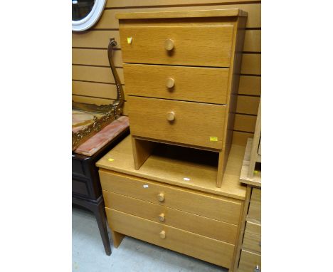 VINTAGE LIGHT OAK BEDROOM FURNITURE to include three-drawer chest of drawers and three-drawer bedside cabinet