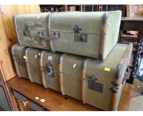 VINTAGE CANVAS &amp; BANDED TRUNK together with a similar suitcase (2)