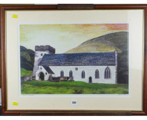 OGWYN DAVIES signed print - Welsh church with hymn typography entitled 'Eglwys Llancarfan', signed, 37 x 56cms