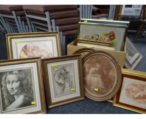 LARGE PARCEL OF FRAMED FURNISHING PICTURES including antique print on glass, Musee Du Louvre Watteau stipple engravings, embr
