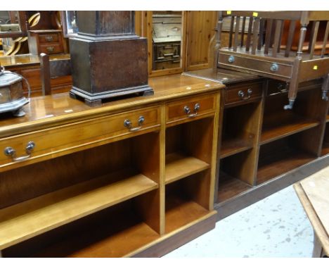 VARIOUS REPRODUCTION LIGHT &amp; DARK WOOD SHELVING UNITS together with a Canterbury