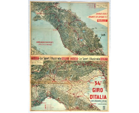 Original vintage Official Program Map approved by La Gazzetta dello Sport for the 34th edition of the Giro d'Italia, one of c