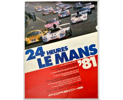 Original vintage official Porsche advertising poster for 24 Hours Le Mans race - The photograph features speeding white yello