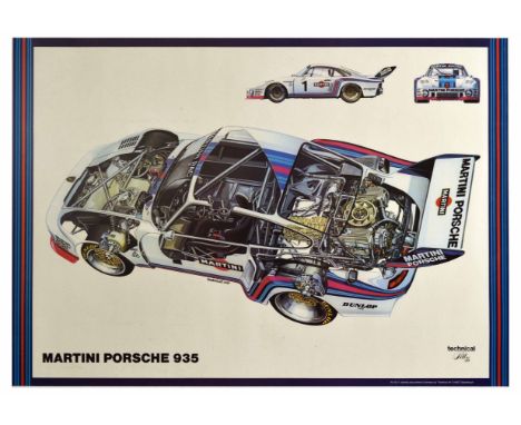 Original vintage motorsports poster of Martini Porsche 935. The poster features the cataway side - front and detailed view of