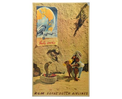 Original vintage advertising poster issued by KLM Royal Dutch Airlines. The poster features a man wearing turban playing flut
