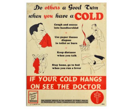 Original vintage propaganda poster issued by Tuberculosis Association to promote public health. The text in cursive red and b