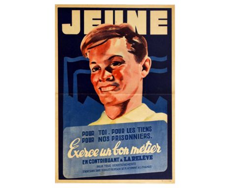 Original vintage World War Two propaganda poster urging young French civilians to enlist for work in the German war industrie