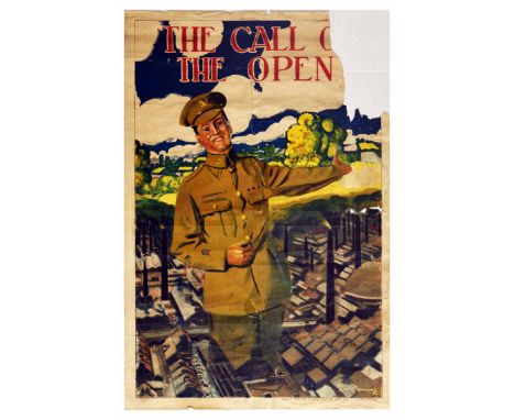 Original antique World War One military recruitment poster - The Call of the Open - featuring a great illustration of a smili