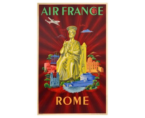 Original vintage travel poster for Air France promoting Rome with artwork by Plaquet. The image shows a golden statue of St P