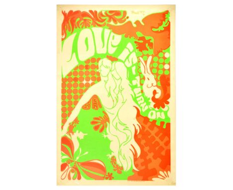 Original vintage anti war poster Love Is Turn On - a Black light colourful psychedelic design featuring a naked couple in the