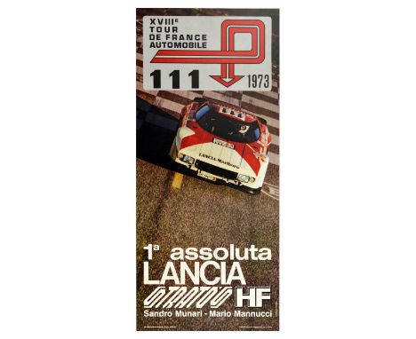 Original vintage motorsports poster for celebrating Lancia’s victory at the XVIII Tour de France Automobile in 1973, publishe