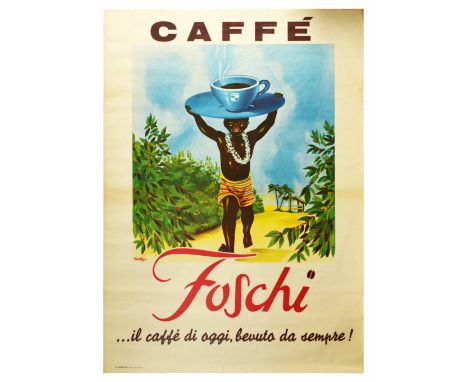 Original vintage advertising poster for Foschi Coffee - today's coffee, always drunk! Design features a young boy walking thr