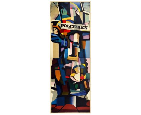 Original vintage poster promoting Politiken, a leading Danish daily broadsheet newspaper, published by JP/Politikens Hus in C
