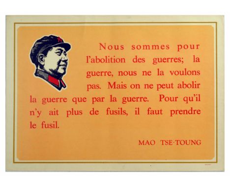 Original vintage propaganda poster featuring a quote from Mao Zedong in red writing on an orange background, with a small blu