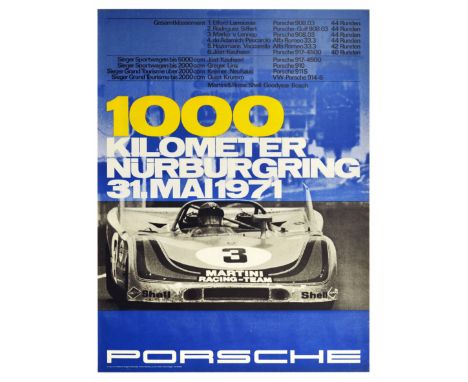 Original vintage motorsports poster celebrating Porsche as a Nurburgring 1971 1000 km winner. The poster features a black and