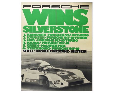 Original vintage motorsports poster celebrating Porsche’s victory at Silverstone race. The bold design features a black and w