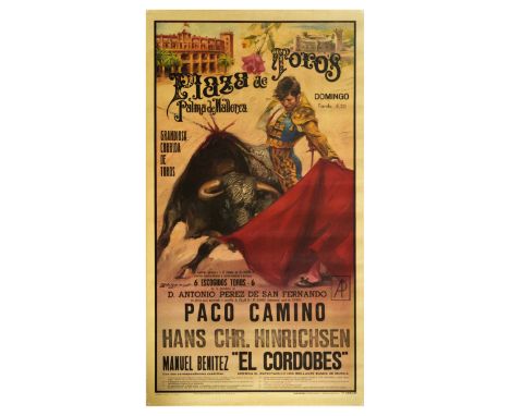 Original vintage poster advertising bullfighting in Plaza de Toros, Palma de Mallorca. A great design featuring an image of a