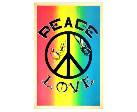 Original vintage anti war black light poster Peace - Love - Great design features hands reaching out from the symbol for peac