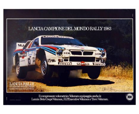 Original vintage advertising poster by Lancia. The poster features a photograph from Martini Racing of white and red-blue str