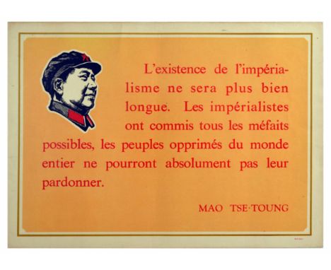 Original vintage propaganda poster featuring a quote from Mao Zedong in red writing on an orange background, with a small blu