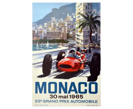 Original vintage F1 motor sport poster for the Monaco Grand Prix 1965 featuring a great design depicting a red Ferrari car ra
