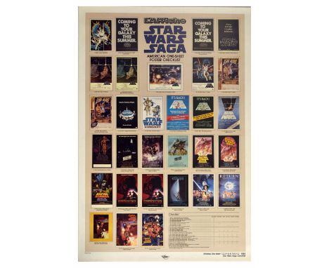 Original vintage advertising poster for Star Wars Saga with American one-sheet poster checklist. The front of the poster feat