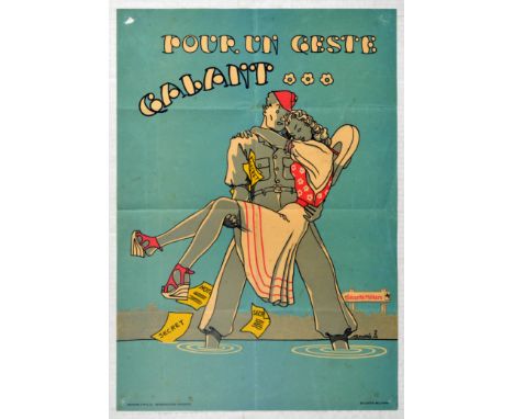 Original vintage propaganda poster: pour un geste gallant (for a gallant gesture). Image of a soldier carrying in his arm a f