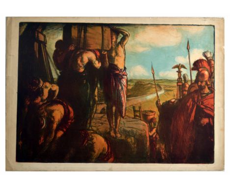 Original vintage lithograph signed in pencil by the artist depicting Romans building Hadrians wall by British artist and lito