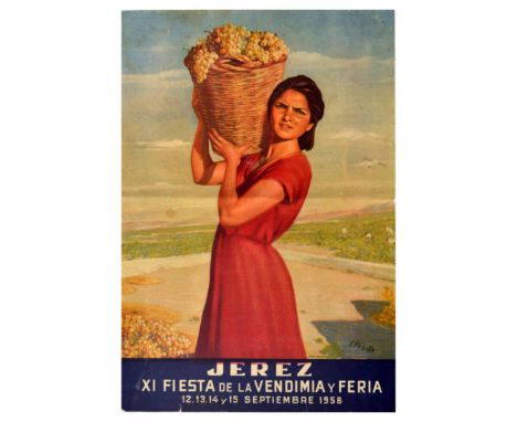 Original vintage double-sided advertising event poster for the 1958 Harvest Festival in Jerez Andalucia Spain. The poster sho