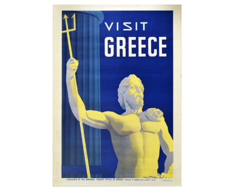 Original vintage travel poster advertising Athens, Greece, issued by the Tourist Office of Greece, featuring artwork by O. Pe