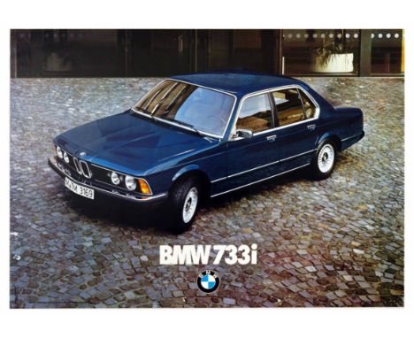 Original vintage advertising poster for BMW 733i. The poster features dark blue BMW car with beige interior parked in front o