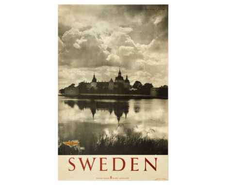 Original vintage advertising poster, promoting Sweden, issued by the Swedish Tourist Traffic Association. A black and white p
