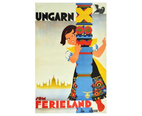Original vintage travel poster for Hungary - Ungarn som Ferieland / Holiday in Hungary. Fun and colourful image of a child in