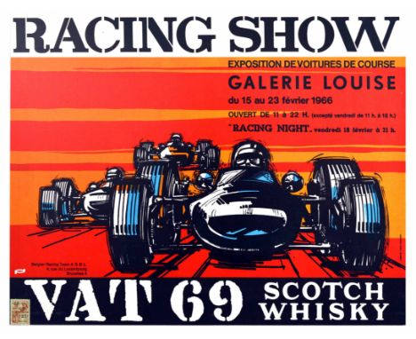 Original vintage motorsports event poster, advertising a car show at the Galerie Louise in February 1966, published in French