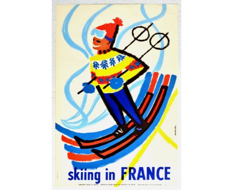 Original vintage winter sport poster advertising Skiing in France. Fun and colourful mid-century modern image of a smiling sk
