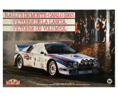 Original vintage motorsports poster advertising Lancia’s victory at the Rallye de Monte-Carlo 1983. The poster features an im