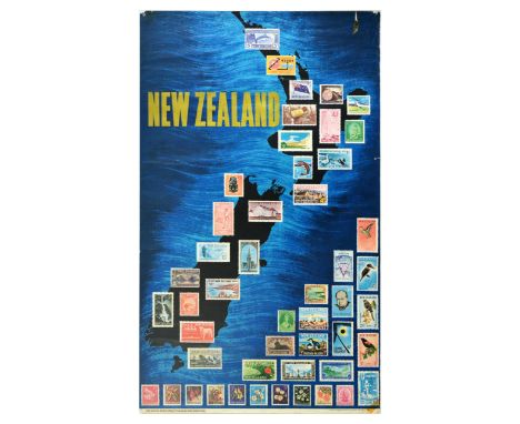 Original vintage travel advertising poster for New Zealand featuring a fantastic design of the map of New Zealand covered wit