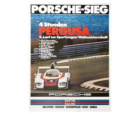 Original vintage motorsports poster celebrating Porsche as a 4 hour Pergusa winner of the 4th World Sportscar Championship. T