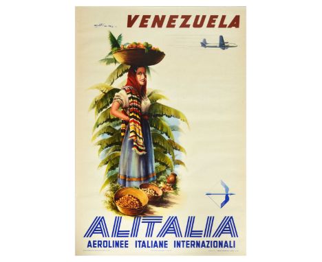 Original vintage travel poster promoting Venezuela, issued by Alitalia Airline. With artwork by A Fiori. The image shows a wo