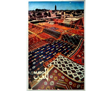 Original vintage travel poster of Maroc - Morocco. The poster features a great photograph of colourful Moroccan Berber rugs d