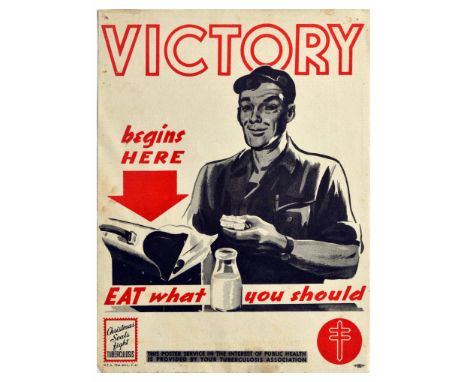 Original vintage propaganda poster issued by Tuberculosis Association. - Victory begins here - eat what you should. - The pos