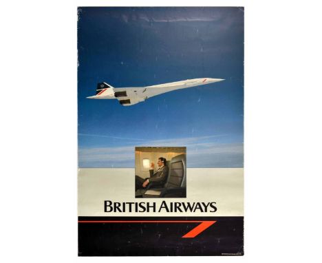 Original vintage poster advertising travel by British Airways on Concorde featuring a photograph of a sleek Concorde plane ma