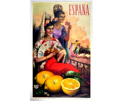 Original vintage advertising poster issued by the National Union of Fruit and Vegetable Products promoting Spain and Spanish 