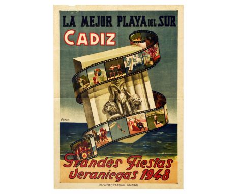 Original vintage travel poster for Cadiz by Pacheco - La Mejor Playa del Sur - The best beach in the South. The poster shows 